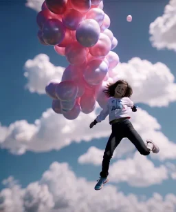 Ultra realistic clouds sky scene, medium shot view, portrait, sweet Childs, free jumping flying, trinkets, monster hair, jelly beans, balls, smile, happy, Wes Anderson style, inflatable color clothing, extreme, wind, clouds sea, 20,000 feet altitude, stratosphere, soft color, highly detailed, unreal engine 5, ray tracing, RTX, lumen lighting, ultra detail, volumetric lighting, 3d, finely drawn, high definition, high resolution.