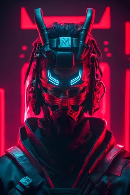 Cyberpunk samurai wearing a face mask with the letter "m" above his head red neon light.