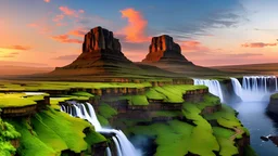 waterfalls in the center of a vast scenery of distant lands at dawn