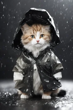 baby cat in raincoat. Chibi, Photograph, Canon DSLR, Tilt - shift, black background, high definition, Complete and coordinated composition, 8k