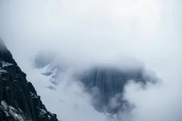 a massive sheer snowy mountain cliff with very sparse vegetation scaling vertically into the sky, partially obscured by dense clouds(color d0d1d5) and mist. the borders — top, bottom, left, and right — fade smoothly into thick fog, while the center reveals the steep, rocky cliff face with fine texture and detail. atmospheric lighting, cinematic composition, natural colors, high contrast between fog and stone. photography