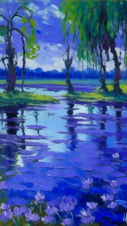 A violet indigo wetlands with shadow dragons painted by Claude Monet