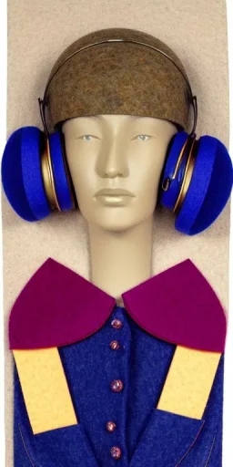 Whole real woman in the image. she has plum-blue-magenta-camouflage mantel and simple orange felt bolero.Felt cloth visor with tippet cobalt blue. SMALL FELT CAP is merged to Old AKG headphones with recognizable Golden rings! cloth materials are denim and felt cloth mixed. Fashion 2023. Colors: Cream white, zinc plate, red ochre, ochre, orange - all mixed. Thick tights. Thick calves. She is in figure from top to toe.