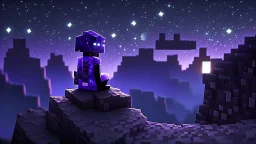 Minecraft Character, minecraft theme, purple starry sky, meditating, facing back, wearing gown, minecraft style, in between two cliffs,