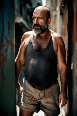 close up photography of an ugly 44 year old beefy robust burly turkish homeless, wearing his work unbuttoned shorts, shirtless, leaning with his back on the wall, hands on the fap, dirty, sweat, wet, ajar mouth, hairy chest, , very virile, short beard, shaved hair, sweat, , in a sunny street, photorealistic , frontal view from the ground