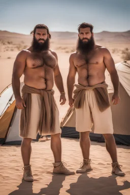 close up photography of two angry ugly brawn 28-year-old burly beefy bullneck arabs tourist guides wearing bulging shorts, shirtless, big shoulders, hairy chest, manly chest, with very bushy eyebrows, photorealistic, sunlight, ambient occlusion, strong side light , near a camping tent in the desert