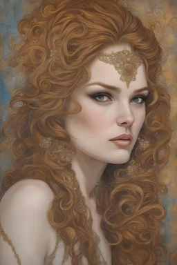 Tori Black style women eye candy oil paiting New York City, and fantasy bombshells, on display Gustav Klimt style subject is a beautiful long long ginger hair female in a detailed render eye candy breathtaking