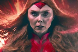 Mulher, feiticeira escarlate, rosto da atriz elizabeth olsen, rosto de wanda maximoff, cabelos ruivos, muito brava, wanda Marvel, expressão de raiva, 4k render, vilã, voando, imagem de longe, manipulando magia, raiva, corpo inteiro, olhos marcantes, mãos atirando magia do caos vermelha, cidade de destruição, cores frias, cinematográfico, dramático. Traje da wanda inspirado no filme doutor estranho no multverso da loucura da marvel, saindo magia de suas mãos,