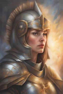 Portrait Art **Featured Art:** The Guided Warrior: A portrait of Joan in her armor, with a divine light illuminating her from above. This could symbolize her claim of acting under divine guidance. The light could be made up of words representing civil, public, and labor rights, showing her fight for justice. **Appearance:** art ideas that encapsulate the essence of Joan of Arc (an French female / women patron saint of France, honored as a defender of the French nation for her role in the siege o