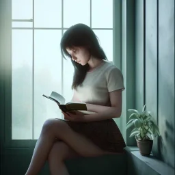 Study girl read a book in by the window, movie, real photo realistic, unreal engine, cinematic lighting --ar 1:1 creative