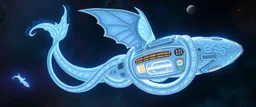 swirley cot o nine tails whip tailed, celtic knot hollow tube transparent core ornate indented space ship, shiny bright mega ship flourescent white blue like bubble gum with a few big windows and decks, interdimensional twister, rock against colored spaced fog, space interior. split tail, winged serpent, glowing aura