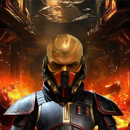 star wars bald male corellian jedi wearing gunmetal grey and black old republic armored flightsuit with gold and metallic red trim inside the jedi temple, centered head and shoulders portrait, hyperdetailed, dynamic lighting, hyperdetailed background, 8k resolution, volumetric lighting, light skin, fully symmetric details