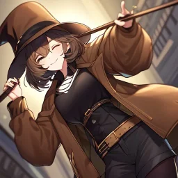 Clear focus, High resolution, short brown spiky hair, hair between eyes, eyes closed, wearing a brown detective hat, wearing a brown jacket and a black shirt, wearing black shorts, 1girl, pulling hat down, smiling