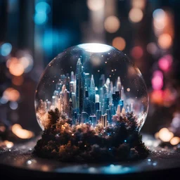 close up of an extremly detailed crystal city in a glass terrarium, sharp focus, high contrast, dark tone, bright vibrant colors, cinematic masterpiece, shallow depth of field, bokeh, sparks, glitter, 16k resolution, photorealistic, intricate details, dramatic natural lighting