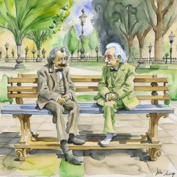 Watercolor painting of Salvador Dali and Albert Einstein sitting on a park bench and talking.