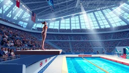 Create a detailed scene depicting a contemporary Olympic diving venue. The setting should include an audience of spectators watching the event, with a focus on a woman poised on the diving board, preparing to dive. Please include elements such as the design of the diving platform,