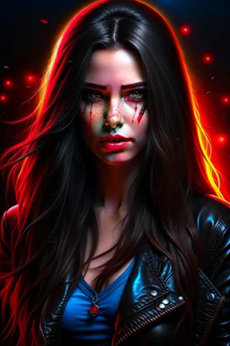 Young woman with long brown hair and red eyes, smirking, confident, a little evil looking, apocalyptic background, high quality, highly detailed, wearing black leather, 8k resolution, anime, digital art