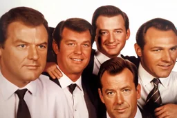 a photo of 5 men in their 30s, antique photo, add background, hand on some shoulders