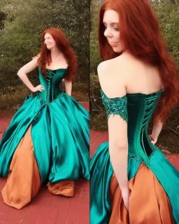 Magic princess with long auburn hair in a big teal green and gold satin ballgown corset off shoulder top casting magic