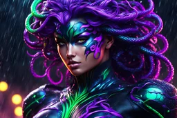 Hot medusa Venom in 8k anime cgi drawing style, Viper hair , neon, face cover, rain, full body, intricate details, highly detailed, high details, detailed portrait, masterpiece,ultra detailed, ultra quality