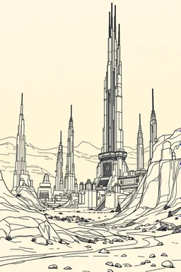 thine line draw style, show a shot of a view of Mars surface with future high rise structures buildings