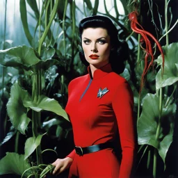 [high res photo by Helmut Newton] a woman Star Trek red shirt surprised by tendrils and she realizes too late that there are very agressive carnivorous plants around her. In few moments she disappears inside the plant