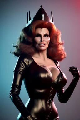 Raquel Welch as evil queen in black leather gown, angry, busty, curvey, cleavage, unreal 5, octane render, cinema4d, dynamic lighting, dramatic lighting, 4k, redshift render, highly detailed, hyper realistic