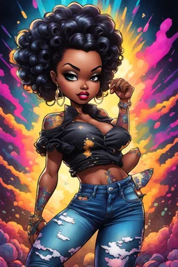 vibrant psychedelic comic book image, airbrush, 48k, cartoon art of a chibi curvy black female wearing torn jeans pants and a black tie dye off the shoulder blouse. Prominent make up with lush lashes. Highly detailed sleek wavy ponytail