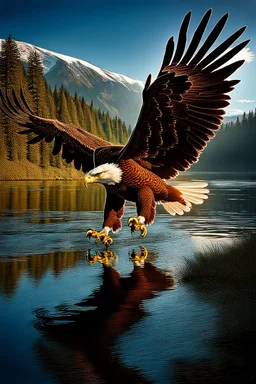 An image capturing a majestic eagle in flight, gripping a large fish in its talons as it soars above a winding river. The sunlight glistens on the water below, and the eagle's powerful wings spread wide against the sky. The scene showcases the eagle's incredible hunting prowess and the dynamic beauty of the natural world.