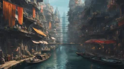 Water-level view of buildings on a canal, made of metal, cyberpunk, many painted colours, floating and flying boats, balconies, bridges, people, shopping, eating, walking, fifth element, ghost in the shell, altered carbon