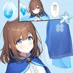 Clear focus, High resolution, A anime kid, cute, rough line skecth, star around kid, sparkling eyes, medium fluffy brown hair, blue sparkling eyes, 1girl (solo), wearing a blue snow cloak and a white shirt, comic with 1girl (solo), winter background, ((dialoge)) Black and white colors