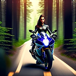 Very attractive woman sitting on a motorcycle. The bike is Yamaha. In the background is a forest. Realistic details. Photorealistic. 4K. Wide-angle lens.