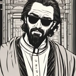 young man with scraggly hair and beard stubble in sunglasses dressed in a priest's frock with a repulsed look on his face that looks like Hans Gruber comic book character