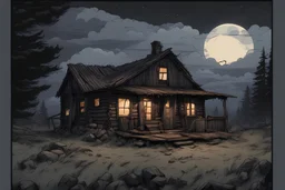 night, hunter cabin, apocalyptic background, comic book,