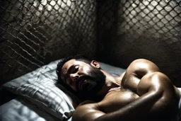 half figure shot photography of a sweat dirty marocan prisoner in cell sleeping lying down on a bed , manly chest, shirtless, muscular strong chubby 34 years old, low lights, ajar mouth, long beard, misery and poverty, dim light enters from a skylight above, lights from above, photorealistic, ambient occlusion, aerial view