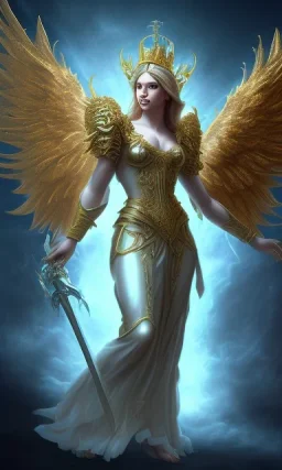 Angel with big wings and golden crown floating above the ground in the dark, michelangelo style, detailed, world of warcraft style