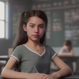 Study girl in classroom ,movie, real photo realistic, unreal engine, cinematic lighting --ar 1:1 creative