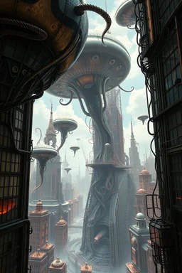 a stunningly weird image of a futuristic metropolis using Salvador Dali's paranoiac-critical method, where buildings and structures appear to melt into the skyline cityscape is filled with floating medusas and mad, twisted metal shapes that interact with the buildings and each other, forming a surreal tableau of a dreamlike reality. neu-steampunk vibe, essence of the scene in a cinematic manner, with dramatic shadows that enhance the distorted perspectives and bizarre mood