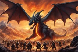 battle field on a mountain plain. a giant dragon with huge wings fighting an army of men. ragnarok. nuklear explosion in the background.