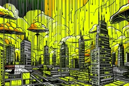 A yellow towering city in a thunderstorm in pop art style