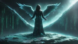 matrix codes and the back ground of the angels with wings siting monolith made of tiberium crystals