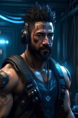 Muscular Hairy Greek man cyberpunk
