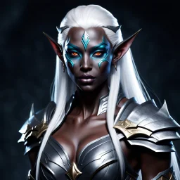 Drow elf, muscular warrior, dark grey skin, long white hair. Sci-fi Fantasy. Photorealistic
