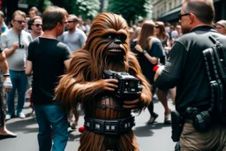 Chewbacca perdido en la gran ciudad, entre el bullicio de la gente fotografía, disparo cámara Leica