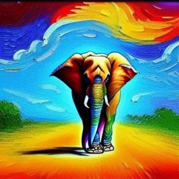 Dibujo al oleo de un elefante indio pintado con muchas nubes de colores estilo Vincent van Gogh