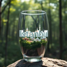 Create hyper-realistic photo of a glass tumbler in a wild forest. Inside, a miniature [Istanbul] with landmarks. A sleek white 3D text of [City] blends naturally into the landscape. Soft bright daylight, reflections, and subtle imperfections like fingerprints. DSLR quality, sharp focus.