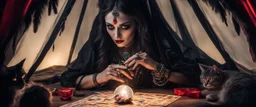 Hyper Realistic photographic-view of Wicked-&-Beautiful-Fortune-teller-with-glowing-red-eyes wearing black-beed-necklace-&-bracelet angrily Looking at her crystal-ball glowing magically & sitting in her tent with a horrifying-black-cat at dark-night decorated with fancy-traditional-feathers-&-tarot-cards showing dramatic & cinematic ambiance"