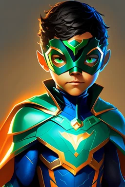 a 11 year old with dark circles around his eyes and he is in a superhero suit and the suit is blue and orange with a emerald emblem and his emerald eyes are glowing emerald and he is 166CM tall