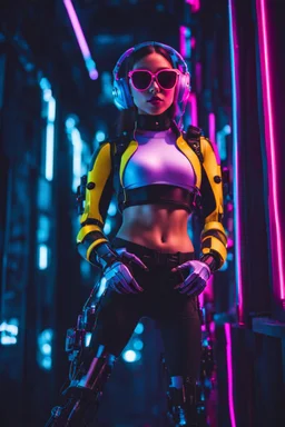 Beautiful woman robotic fullybody ,headphone with sunglasses colorsfull ,background neon light