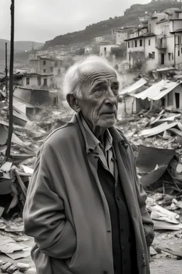 un vecchio distrutto dal dolore, e sullo sfondo un paese della liguria distrutto dalle fiamme e dalle esplosioni